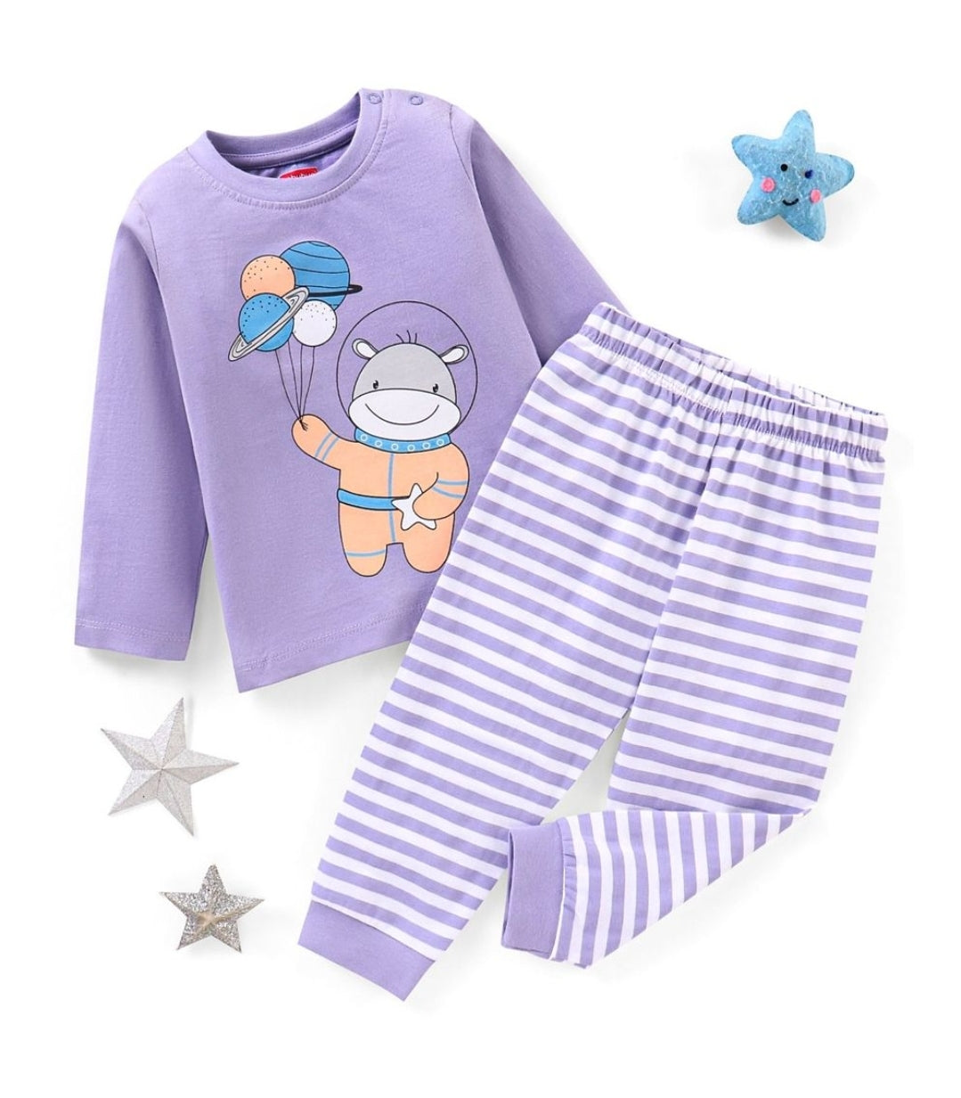 Cotton Knit Full Sleeves Night Suit Hippo Print - Lavender