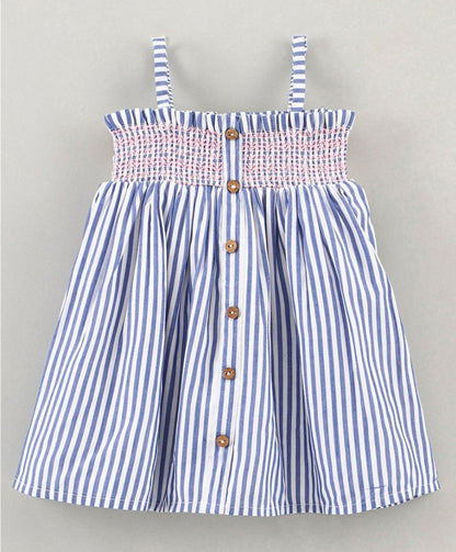 Blue Cotton Smocked Yarn Dyed Stripe Frock