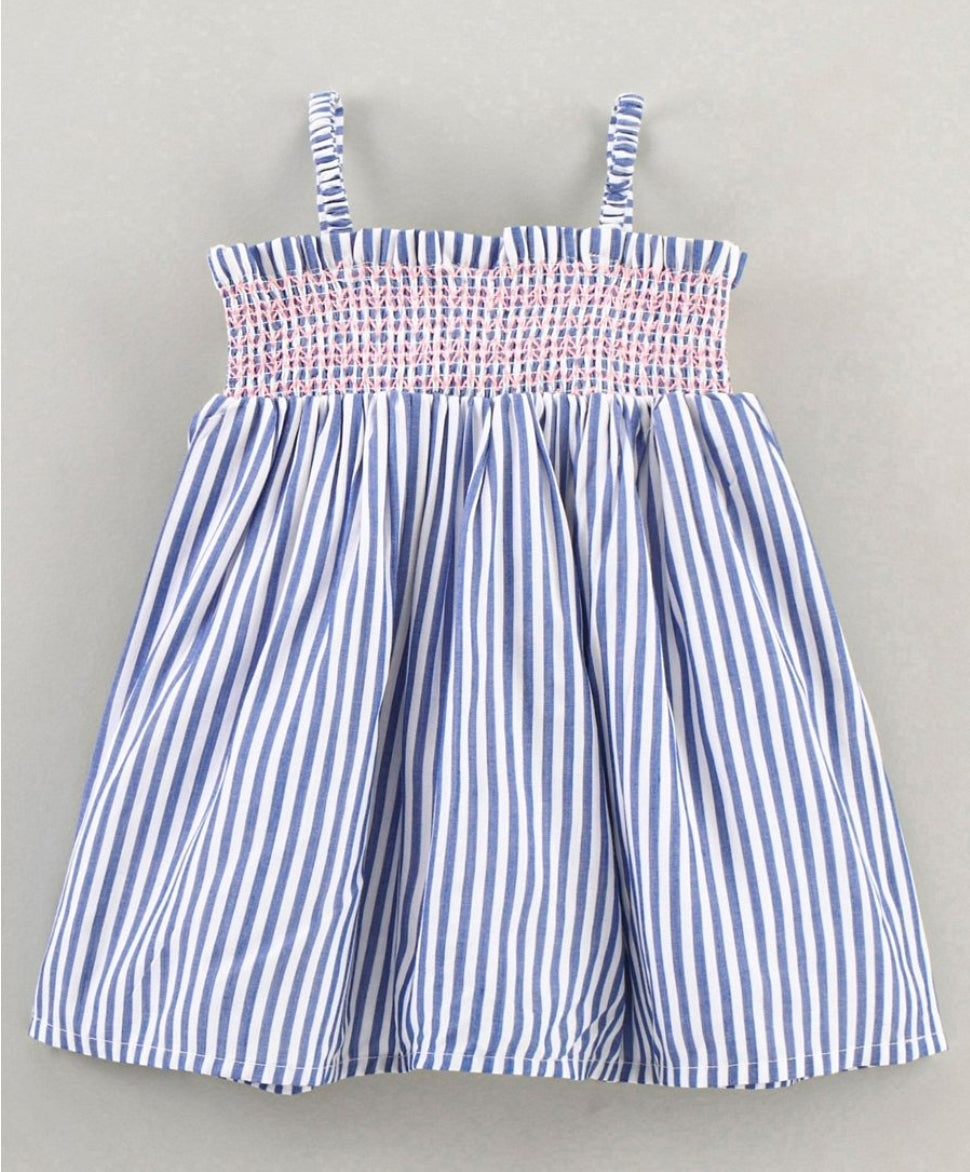 Blue Cotton Smocked Yarn Dyed Stripe Frock