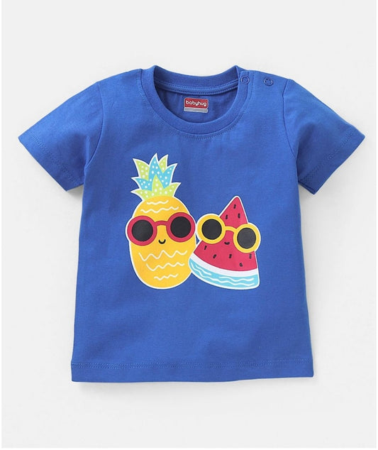 Cotton Knit Half Sleeves T-Shirt with Fruity Print - Blue