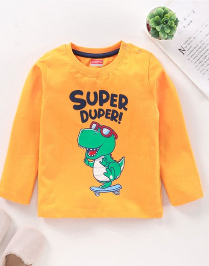 Full Sleeves Cotton Knit T-Shirt Dino Print - Yellow