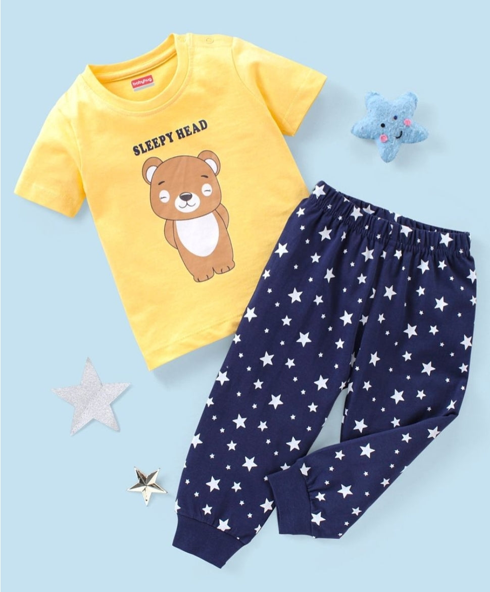 Night Suit Sleep Head Teddy Print & Star Print - Yellow & Blue