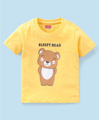 Night Suit Sleep Head Teddy Print & Star Print - Yellow & Blue