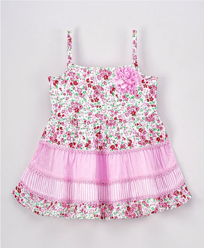 Singlet Sleeves Frock Floral Print with Lace Applique - Pink