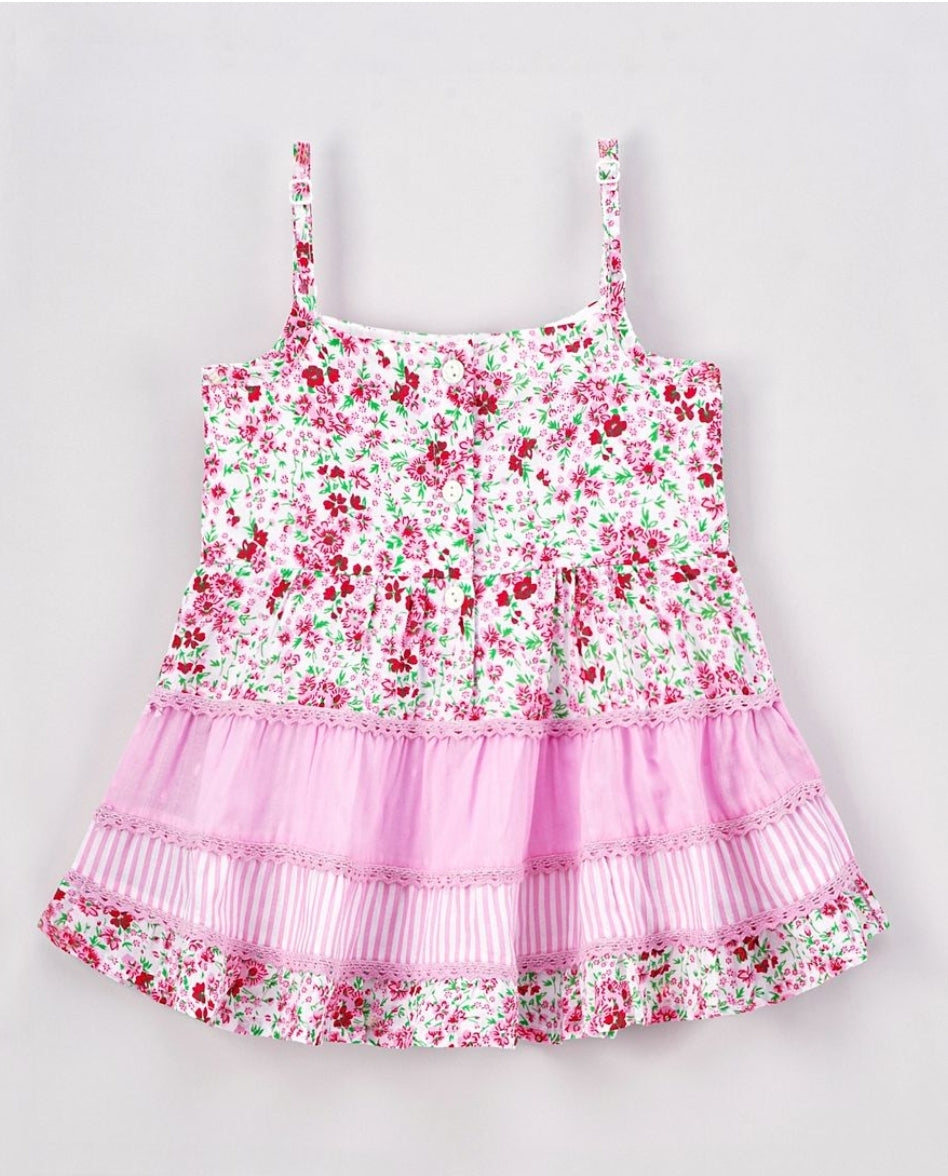 Singlet Sleeves Frock Floral Print with Lace Applique - Pink