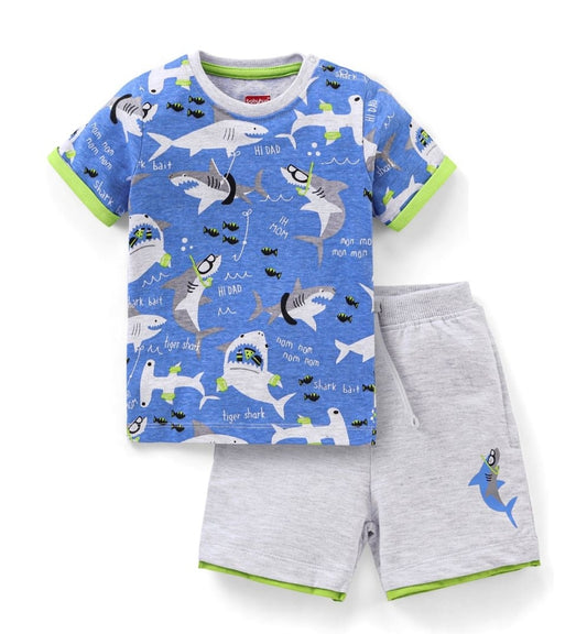 Half Sleeves T-Shirt & Shorts Set Shark Print - Blue & Grey