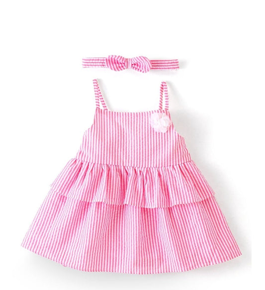 Sleeveless Stripes Top with Corsage & Frill Detailing and Headband - Pink