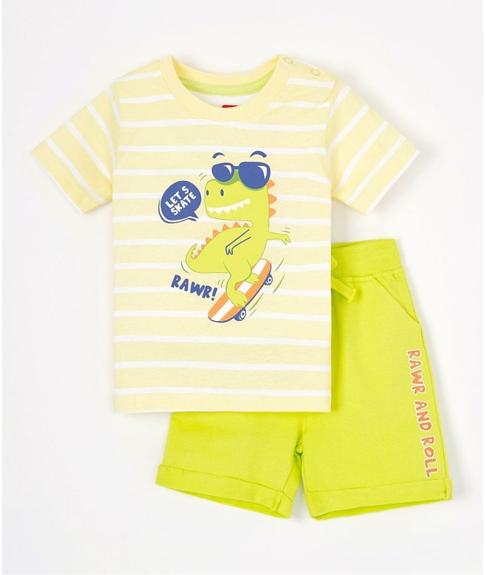 Shirt & Short Set Striped & Dino Print - Yellow & Light Green