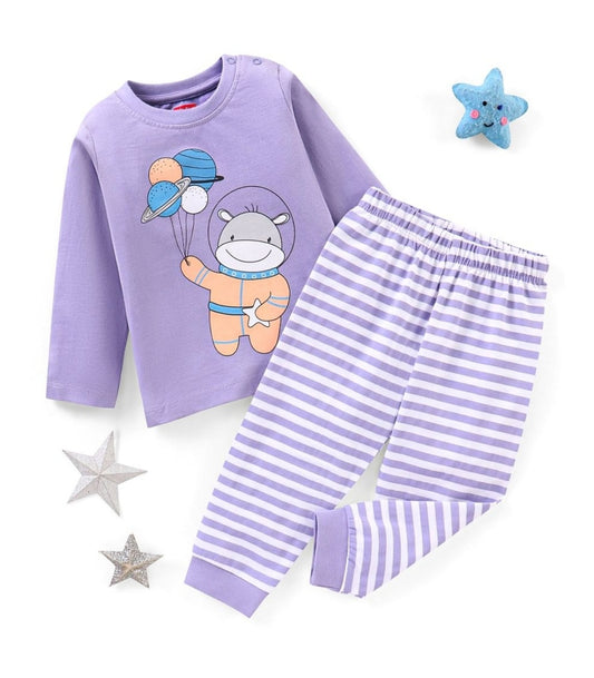 Cotton Knit Full Sleeves Night Suit Hippo Print - Lavender