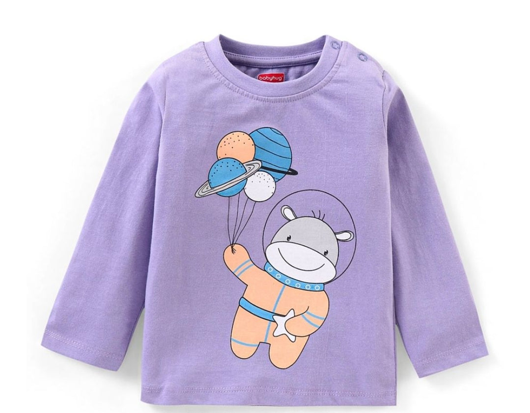 Cotton Knit Full Sleeves Night Suit Hippo Print - Lavender