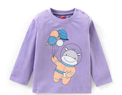 Cotton Knit Full Sleeves Night Suit Hippo Print - Lavender