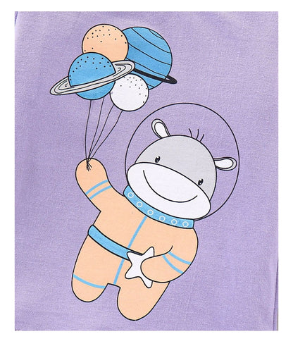 Cotton Knit Full Sleeves Night Suit Hippo Print - Lavender
